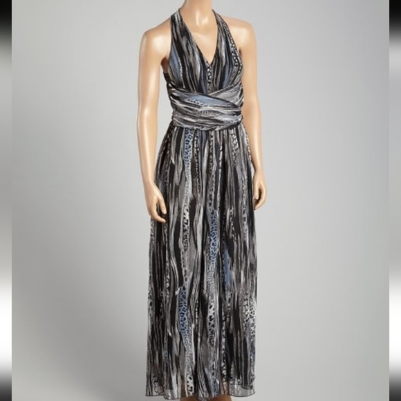 A'REVE BLACK, GRAY & BLUE LEOPARD ZEBRA PRINT MAXI DRESS, W WRAP WAIST, SZ MED - Picture 1 of 16